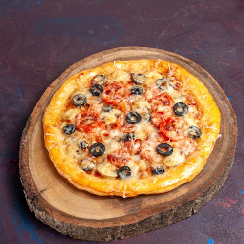 top-view-delicious-mushroom-pizza-cooked-dough-with-cheese-olives-dark-surface-meal-pizza-food-dough-italian